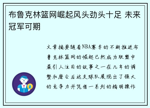 布鲁克林篮网崛起风头劲头十足 未来冠军可期